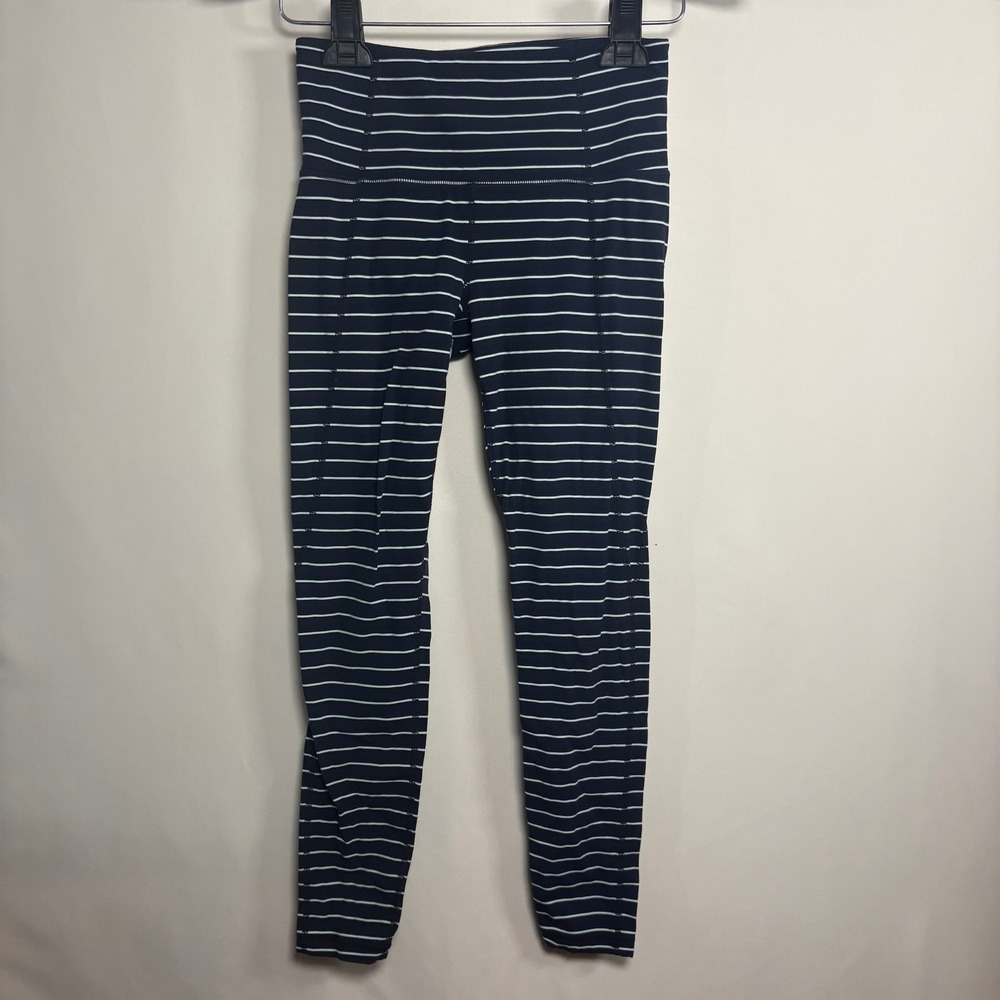 Athleta Womens XS Navy Blue White Striped High Rise Athletic Leggings Yoga Pants